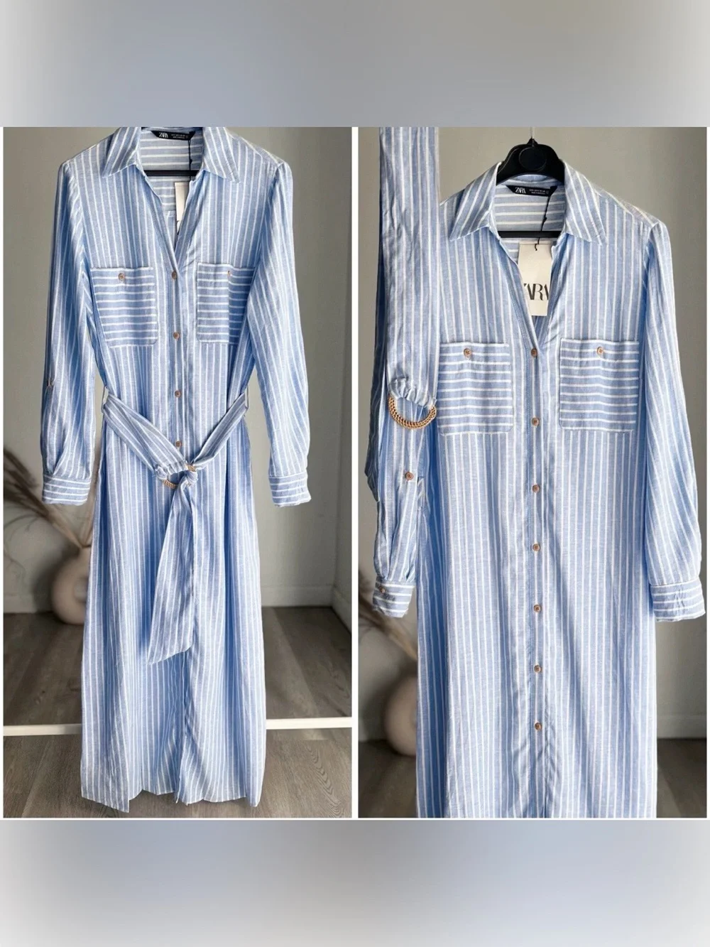 Zara Linen Blend Midi Shirt Dress Blue White Stripe Belted XS - Picture 1 of 8